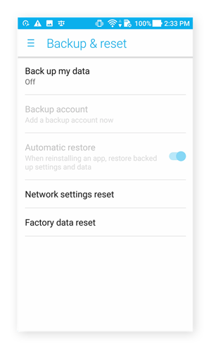 img08Android 7's options screen for backing up and resetting the phone.